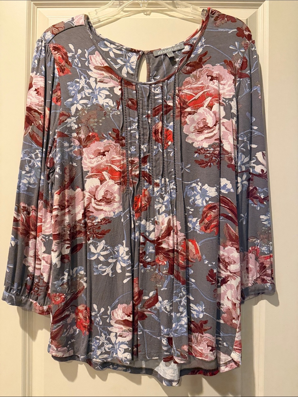 Daniel Rainn Gray Blouse with Pink & Red Floral Print